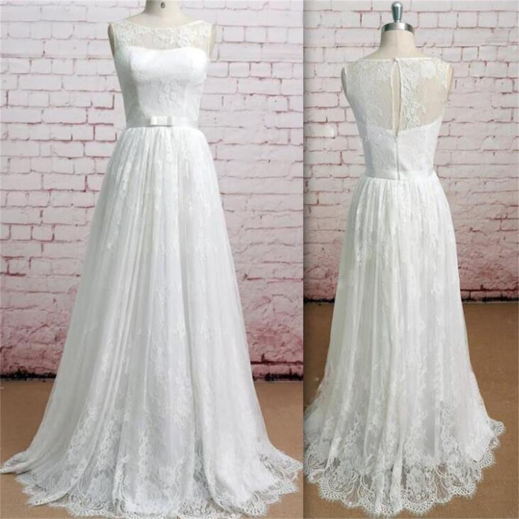 Sleeveless Soft Lace A-line Pretty Simple Floor-Length Classic Ivory Wedding Dresses, WD0116