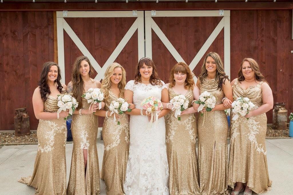 2019 Charming Most Popular Mismatched Gold  Side Split Sparkly Women Long Wedding Bridesmaid Dress, WG86 - SposaBridal
