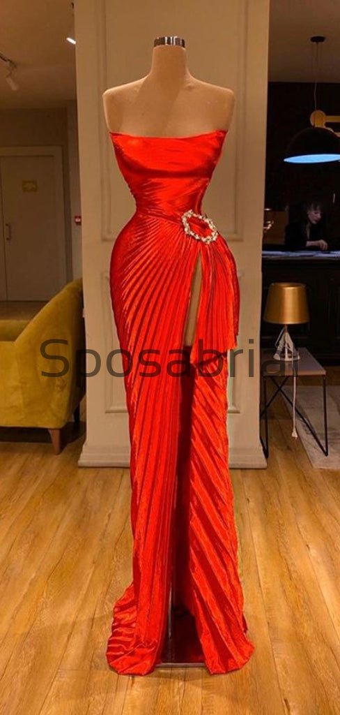 Red Cheap Side Slit Satin Simple Modest Prom Dresses PD2082