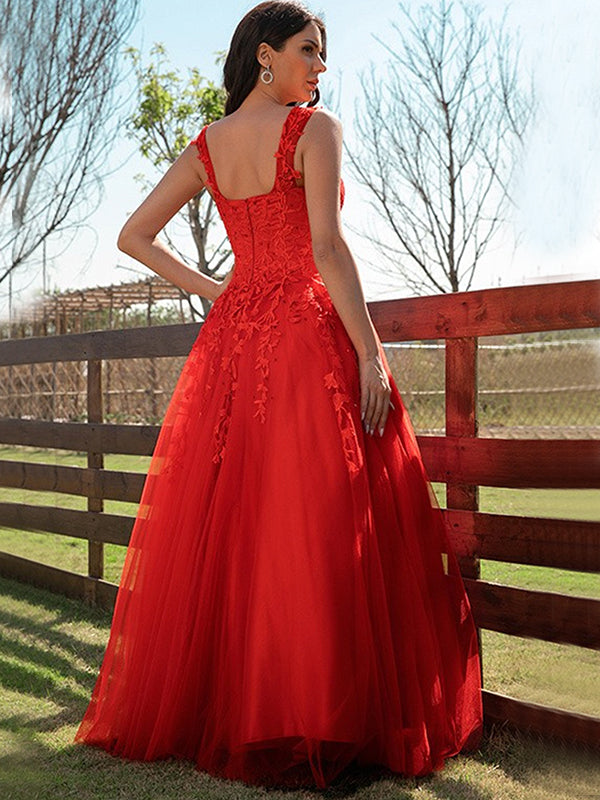 Red Off-shoulder Lace Top Sexy A-line Long Prom Dress, PD3475