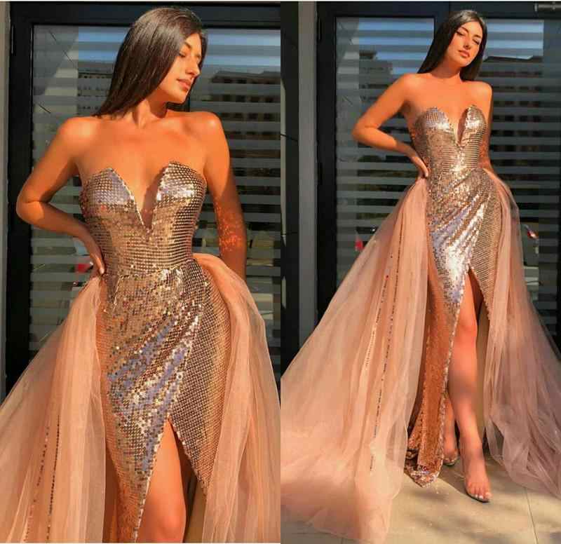 Sparkly Champagne Sequin Strapless V-neck Tulle Train Mermaid Long Prom Dress, PD2400