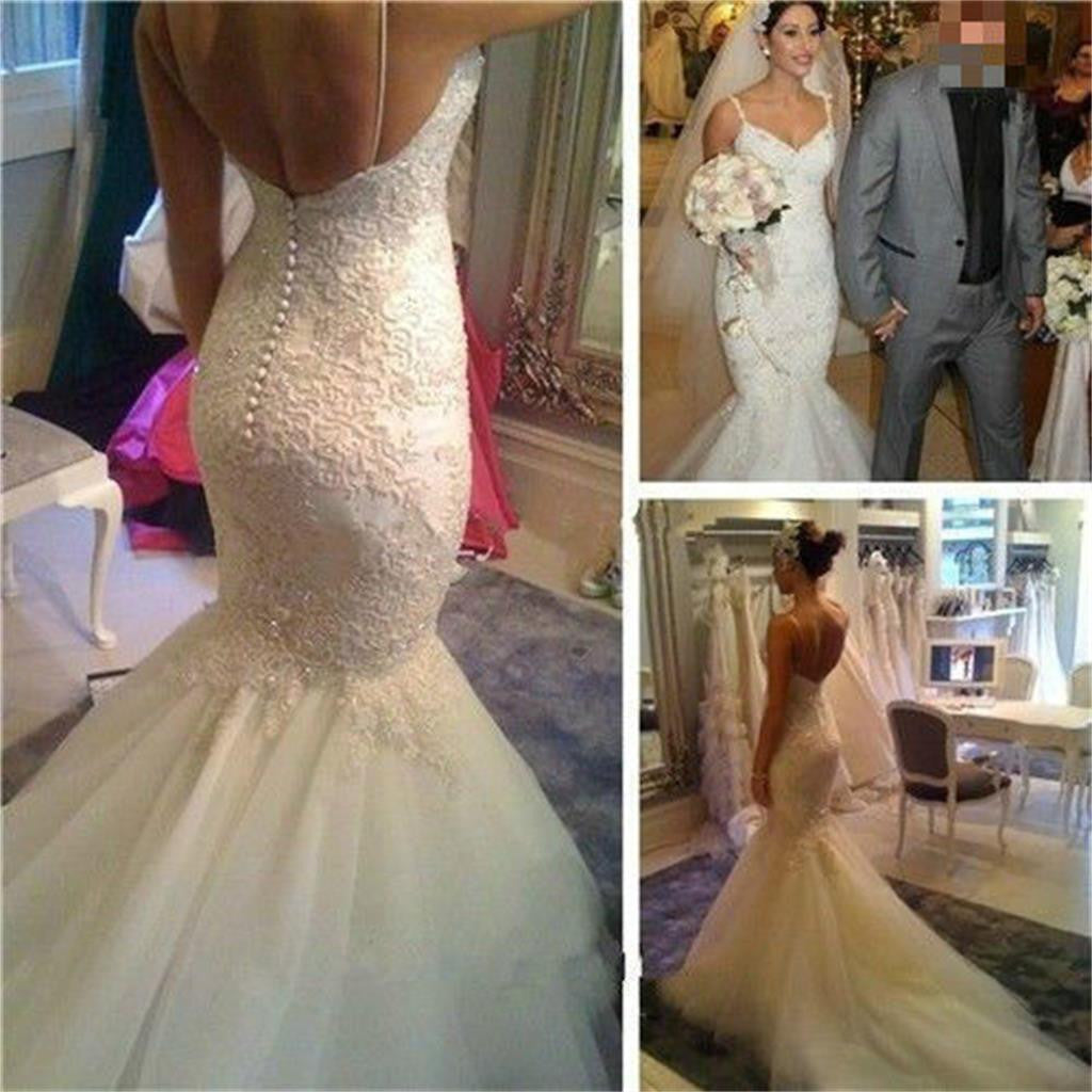 Sexy V Neck Mermaid  Cheap Spaghetti Straps Lace with Tulle train Backless Wedding Dress , PD0230