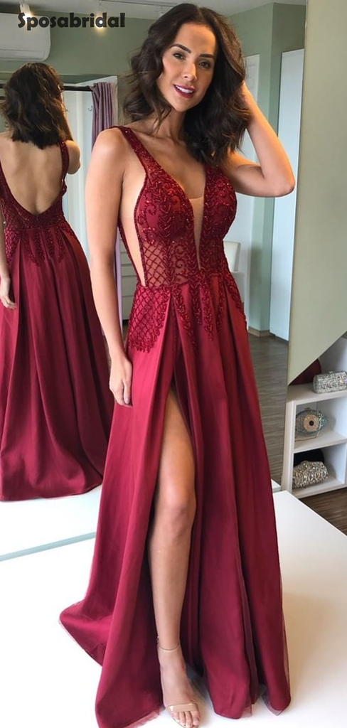 Sexy Burgundy Sweetheart Lace Side Slit Open Back A-line Long Prom Dress, PD3024