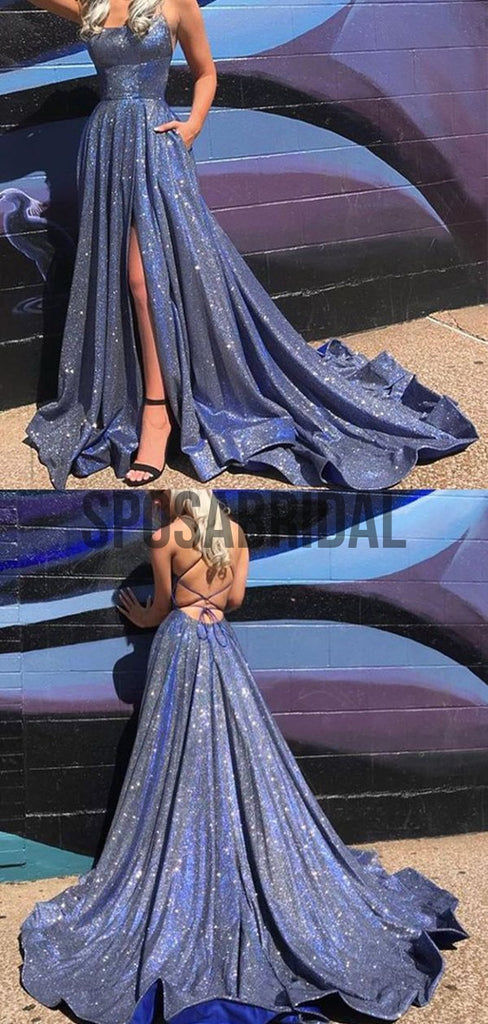 Spaghetti Straps Navy Blue Shinning Long Prom Dresses PD2284