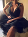 Black Applique Spaghetti Strap V-neck Short Prom Party Dress, Homecoming Dress, PD3096