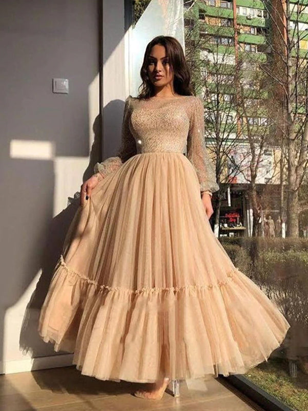 Champagne Sparkling Long Sleeves A-line Tulle Ankle-length Prom Dress, PD3240
