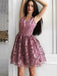 Elegant Sleeveless Mulberry Purple Floral Lace V-neck A-line Tulle Short Homecoming Dress, HD3045