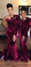 Elegant Burgundy Velvet One-shoulder Ruffle Mermaid Beads Floor-length Bridesmaid Dress, BD3187