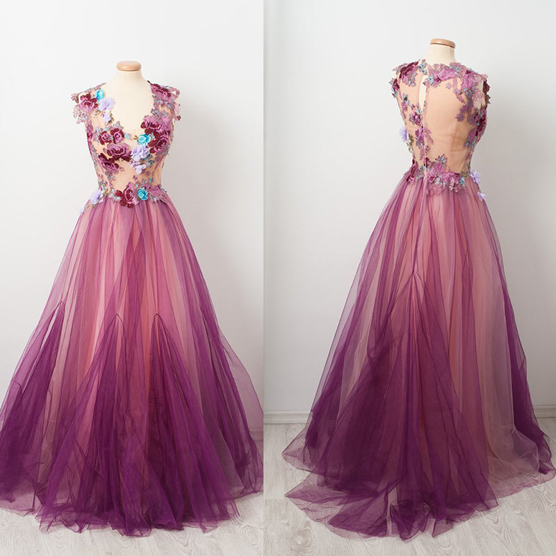 Floral Purple Lace Top Sleeveless A-line Tulle Long Prom Dress, PD3366