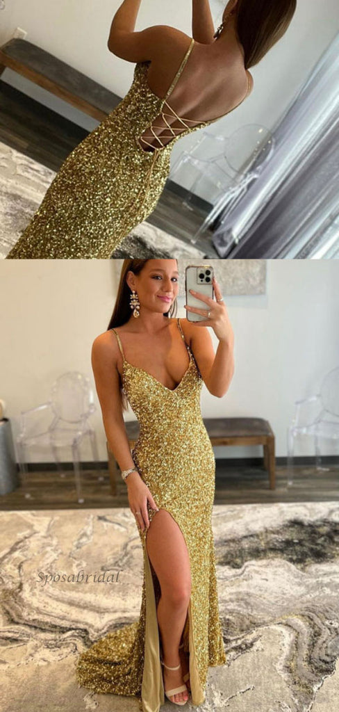 Gold Sexy Sequin Spaghetti Straps Side-slit Mermaid Long Prom Dresses, PD3459