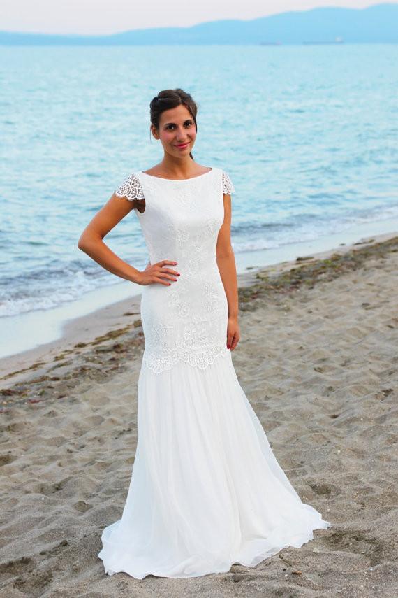 Lace Beach Open Back Cap Sleeves Scoop Custom Handmade Wedding Dresses,  WD0230