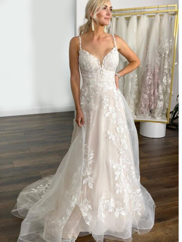 Lace Spaghetti Strap Sweetheart A-line Ivory Tulle Lace Long Wedding Dress, WD3034