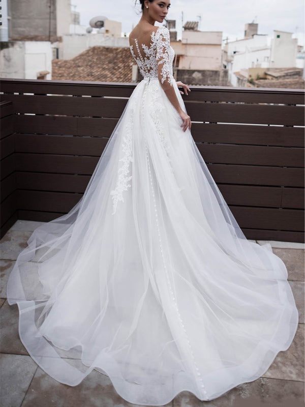 Luxury V-neck Lace Illusion A-line Detachable Long Wedding Dress, WD3038