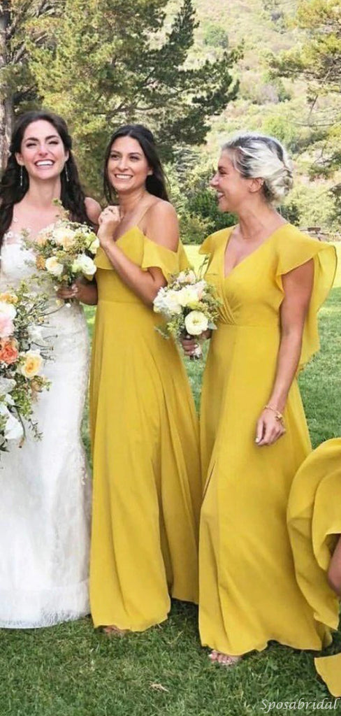 Elegant Mismatched Yellow Modest Cheap Chiffon Long A-line Bridesmaid Dresses, WG699