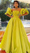 Mustard Green Strapless Pleats A-line With Sleeves Long Prom Dress Gown, PD3341