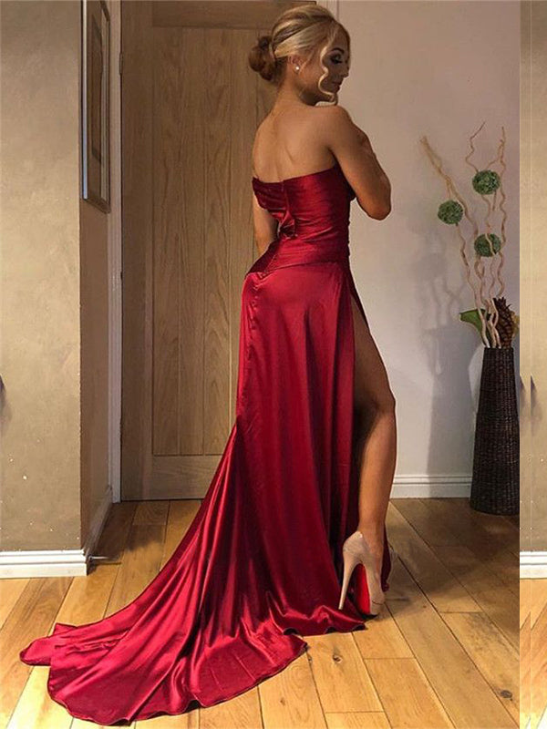 One-shoulder Dark Red High Side-slit Mermaid Long Tail Prom Dress, PD3472