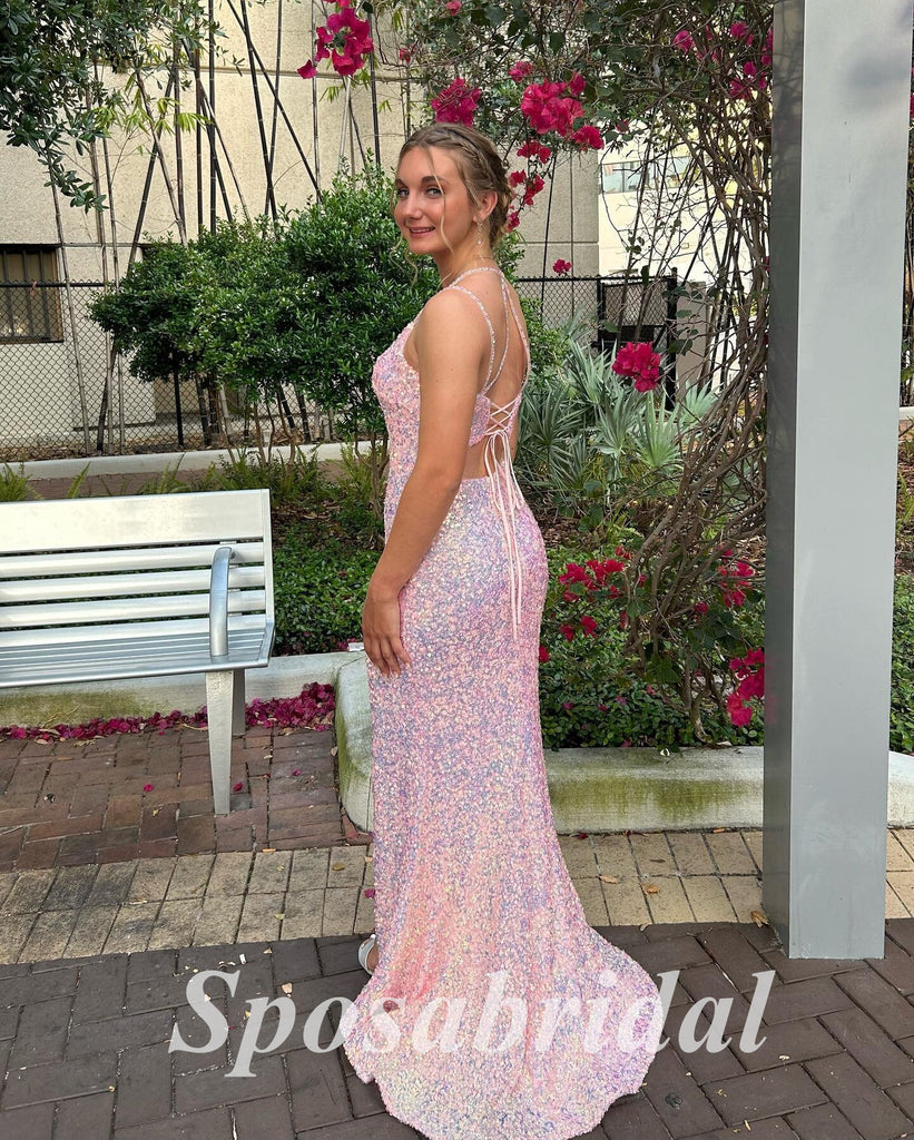Sexy Sequin Spaghetti Straps V-Neck Lace Up Back Sleeveless Side Slit Mermaid Long Prom Dresses,PD3685