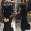 Long Black Mermaid Sexy Lace Top Party Long Sleeves Prom Dress , Cheap  Evening Dress ,PD0265