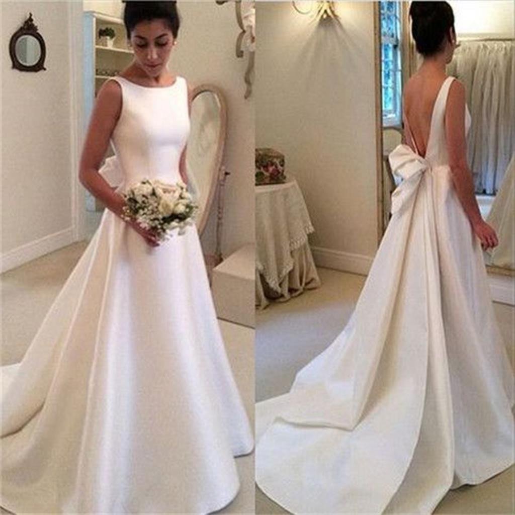 Long Simple Satin Backless White Noble Charming Wedding Dresses, Formal Prom Dress, WD0226