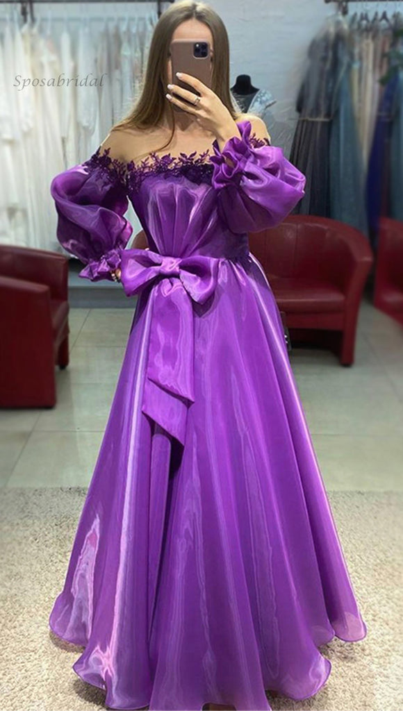 Purple Off-shoulder Long-sleeves A-line Laser Chiffon With Bow Tie Prom Dress, PD3349
