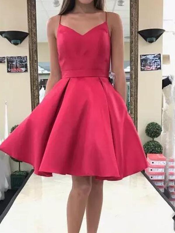 Cheap Simple Watermelon Spaghetti Straps Red Homecoming Dresses, CM453 - SposaBridal