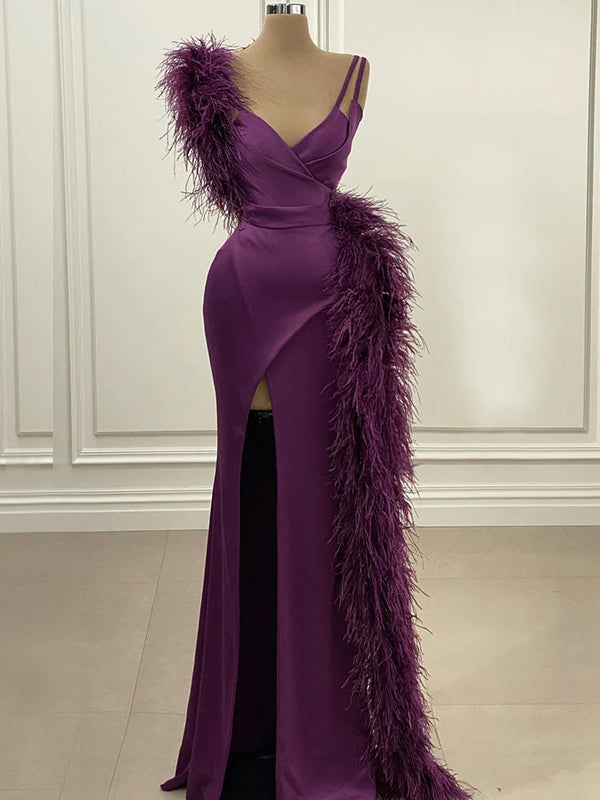 Purple Feather Sexy Straps Side-slit Mermaid Long Prom Dress, PD3489