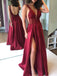 Sexy Burgundy Sweetheart Lace Side Slit Open Back A-line Long Prom Dress, PD3024