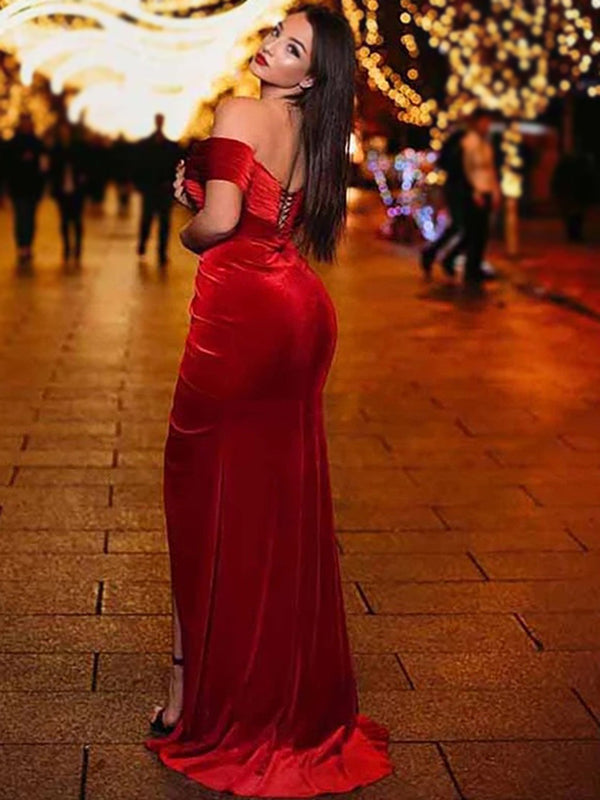 Sexy Dark Red Off-shoulder Side-slit Mermaid Long Prom Dress, PD3385