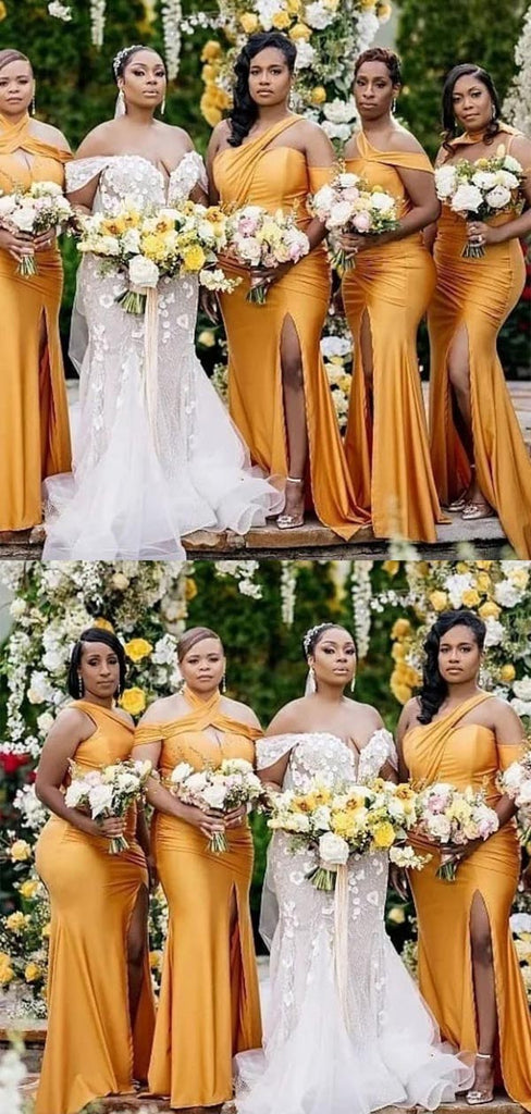 Sexy Mismatched Yellow Side-slit Mermaid Long Bridesmaid Dress, BD3154