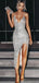Sexy Sparkly Silver Spaghetti Strap V-neck Side-slit Midi Mermaid Prom Dress, PD3120