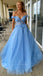 Sexy Sparkly Sky Blue Off-shoulder Floral Top A-line Long Prom Dress, PD3448