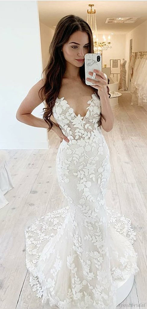 Sexy Strapless V-neck Full Lace Mermaid With Train Long Wedding Dress, WD3070