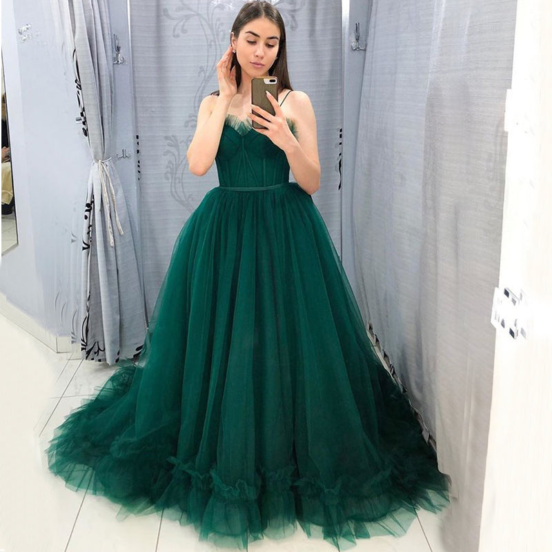 Simple Emerald Green Spaghetti Straps Sweetheart A-line Tulle Long Prom Dress, PD2294
