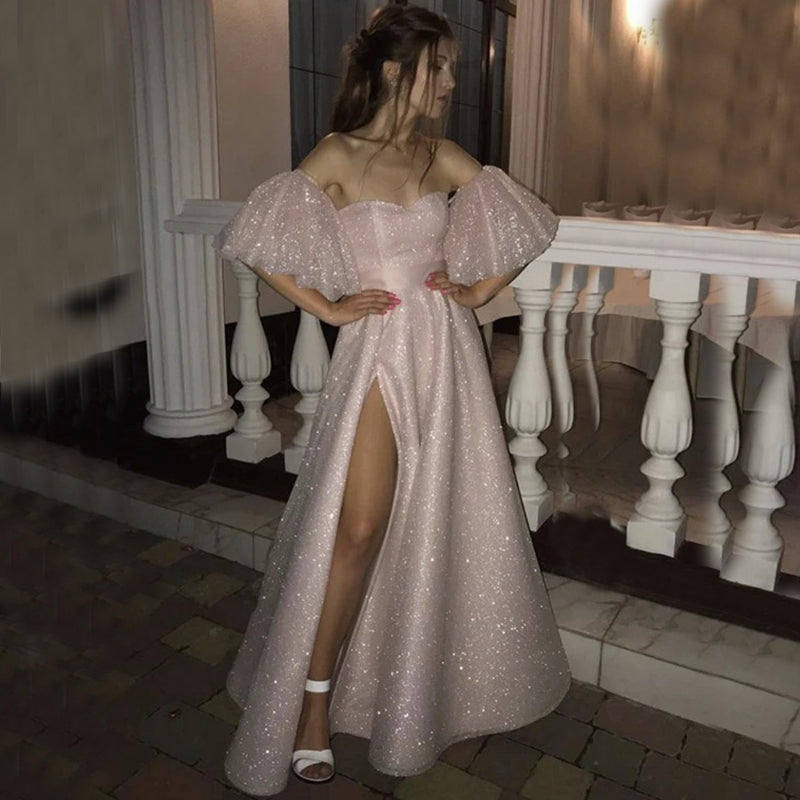 Sparkly Blush Pink Strapless Sexy Off-shoulder Side-slit Long A-line Prom Dress, PD3331