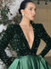 Sparkly V-neck Emerald Green Long Sleeves Side-slit A-line Prom Dress, PD3301