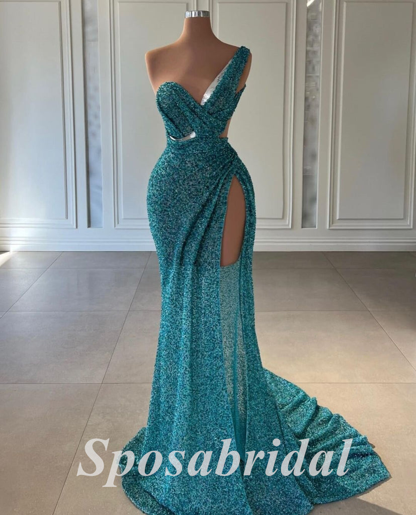 Sexy Tulle And Sequin Lace One Shoulder V-Neck Sleeveless Side Slit Mermaid Long Prom Dresses,PD3686
