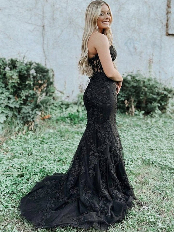 Strapless Black Sweetheart Full Lace Mermaid Long Prom Dress, PD3415
