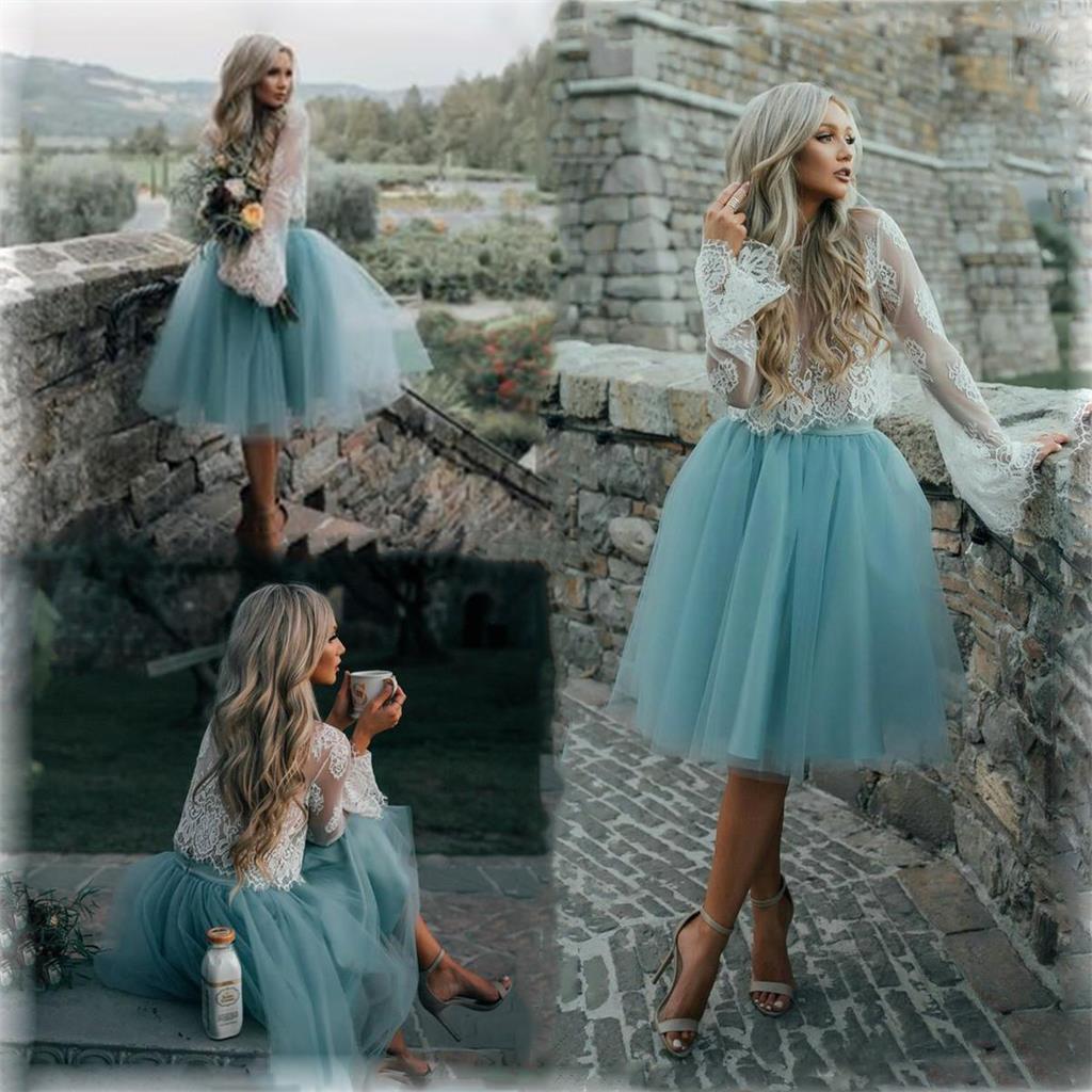 Cheap Tulle and Lace Two Pieces Blue Short Prom dress, Cocktail Homecoming Dress, PD0379 - SposaBridal