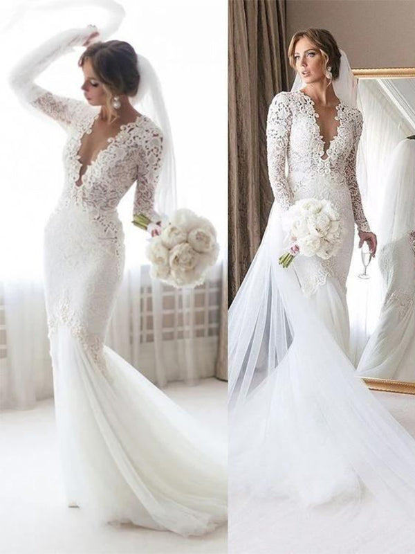 V-neck Long Sleeves Lace Top Mermaid Long Tail Wedding Dress, WD3063