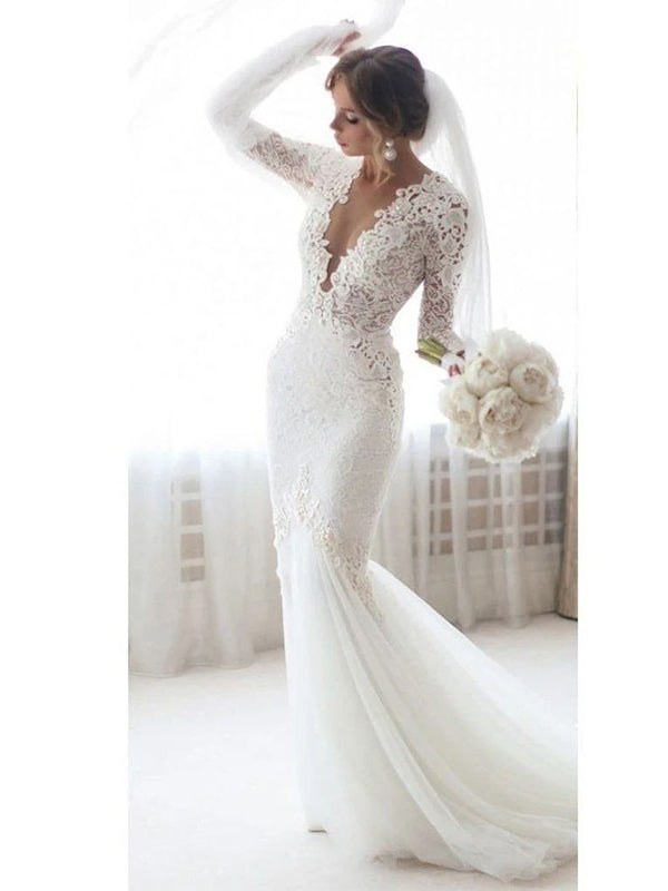 V-neck Long Sleeves Lace Top Mermaid Long Tail Wedding Dress, WD3063